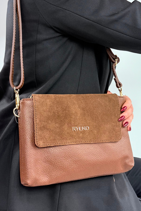 Torebka damska skórzana mała dwukomorowa brązowa