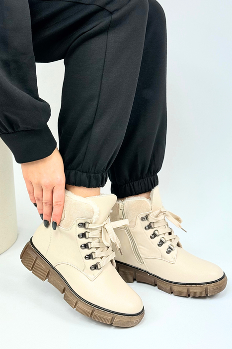 Botki damskie beżowe ocieplane na platformie sznurowane z zamkiem