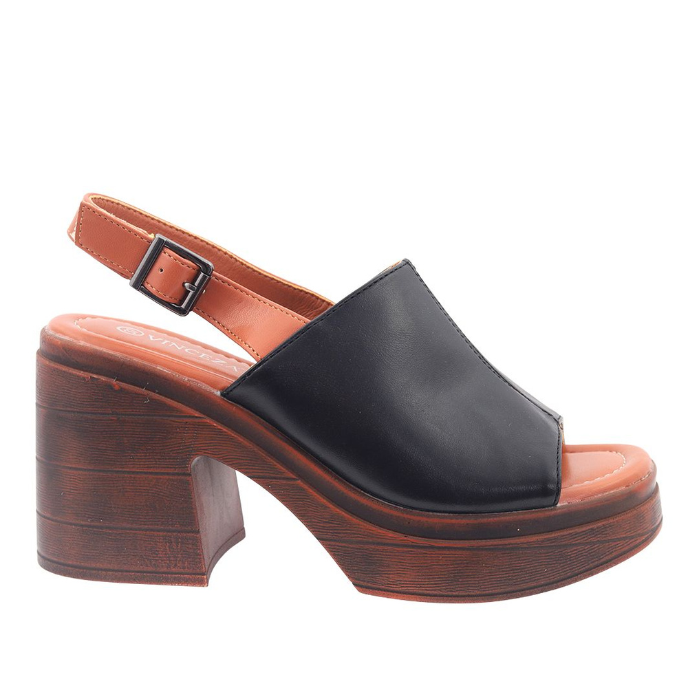 Sandały czarne na drewnianym klocku z platformą Vinceza