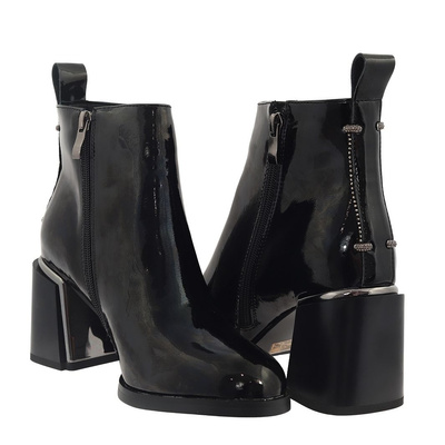 Botki skórzane lakierowane czarne na obcasie Artiker