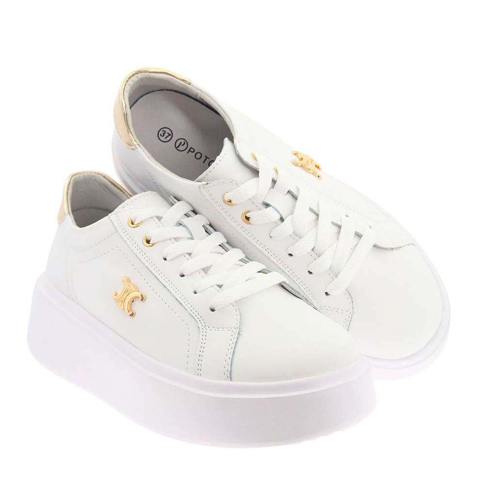 Skórzane białe sneakersy ze złotymi wstawkami na platformie Potocki