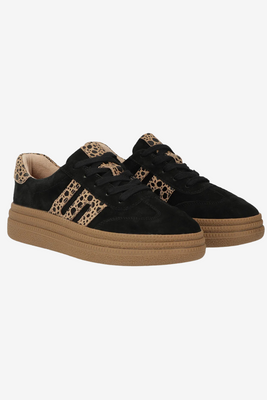 Sneakersy damskie czarne ze skóry zamszowej z panterkowym wzorem Filippo