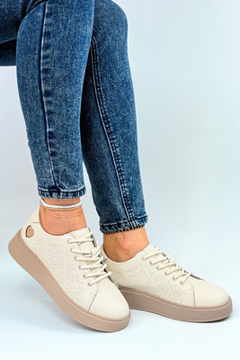 Skórzane półbuty beżowe na platformie sznurowane