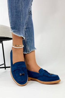 Granatowe zamszowe mokasyny z ozdobnymi frędzlami