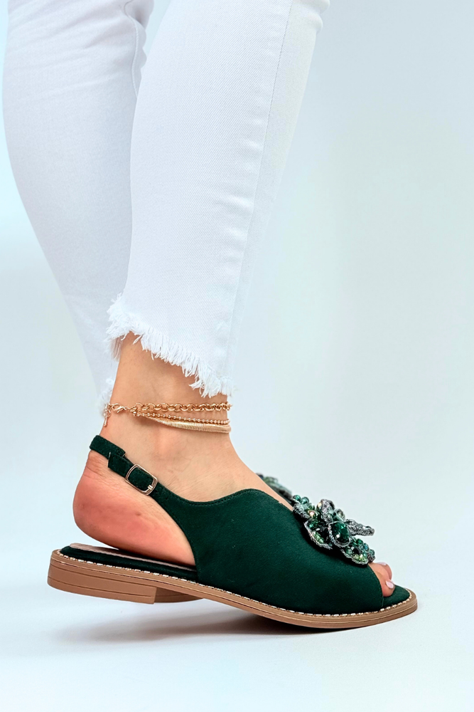 Zielone sandały zamszowe z ozdobą płaskie