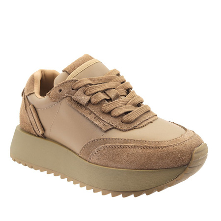Stylowe sneakersy skórzane wiązane w kolorze beżowym