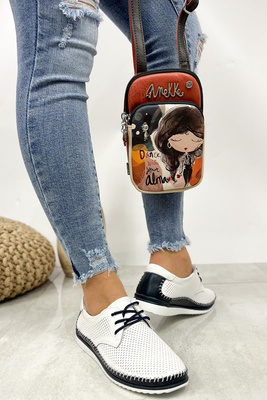 Półbuty skórzane perforowane biało granatowe sznurowane