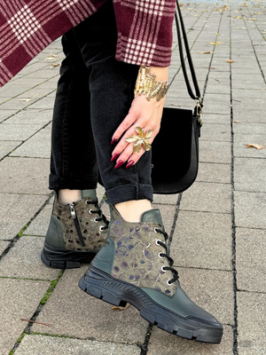 Trzewiki botki damskie skórzane na platformie ocieplane zielone