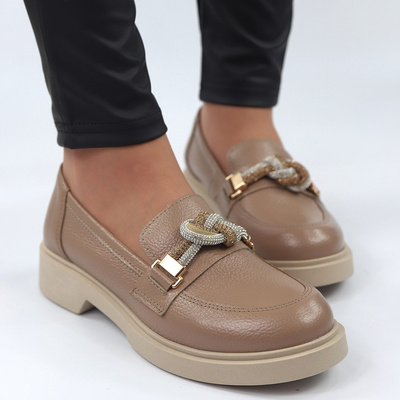 Beżowe mokasyny skórzane z splątanym supłem w cyrkonie Gamis