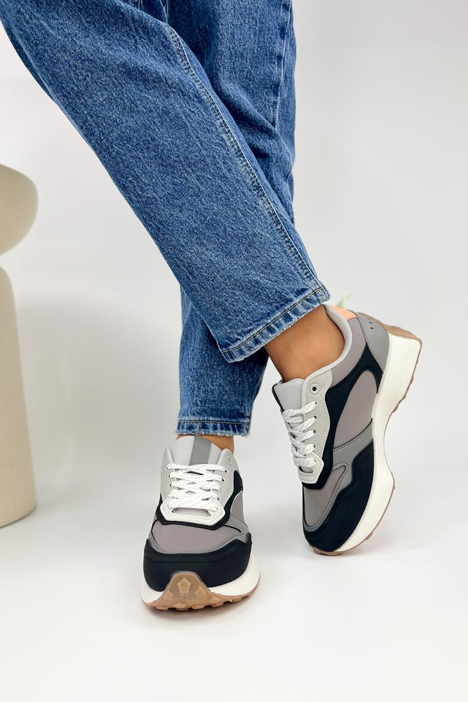 Buty sportowe czarno szare z ekoskóry i materiału sznurowane