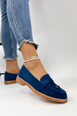 Granatowe zamszowe mokasyny z ozdobnymi frędzlami