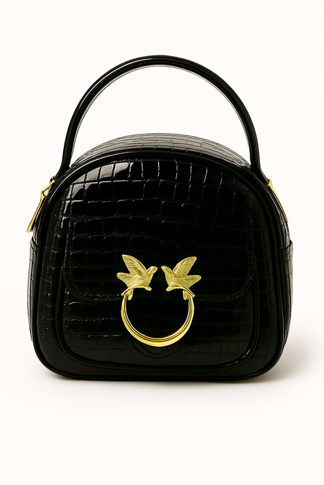 Torebka damska lakierowana mała czarna ze złotą klamrą w jaskółki