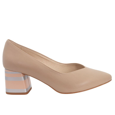 Skórzane czółenka beżowe na klocku Kaniowski