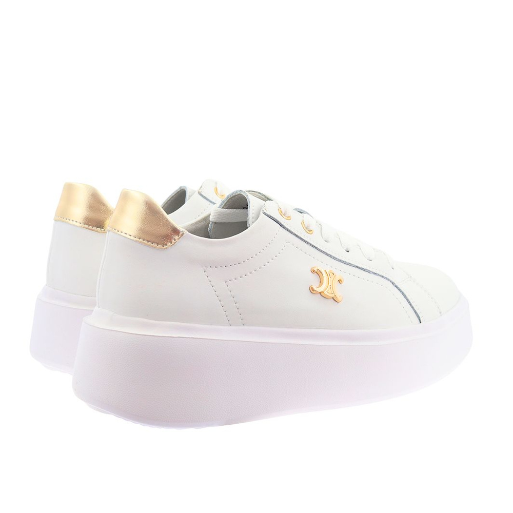 Skórzane białe sneakersy ze złotymi wstawkami na platformie Potocki