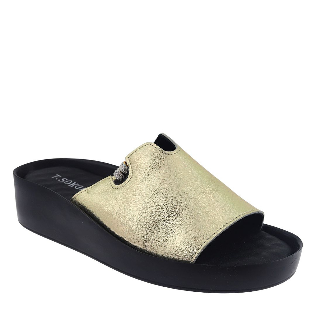 Skórzane klapki na koturnie złote T. Sokolski