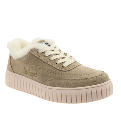 Бежеві шкіряні зимові кросівки на шнурівці