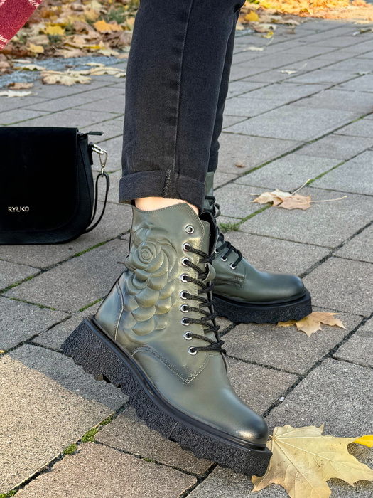 Artiker trapery damskie skórzane z motywem róży khaki