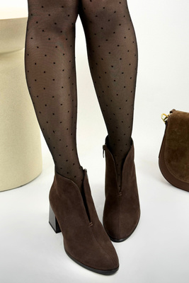 Botki damskie skórzane welurowe na klocku brązowe