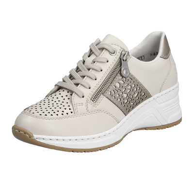 Sneakersy beżowe z suwakiem po boku na koturnie Rieker