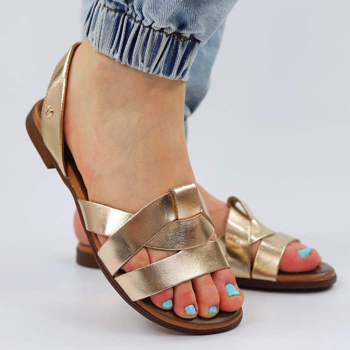 Złote skórzane sandały na płaskiej podeszwie Lemar