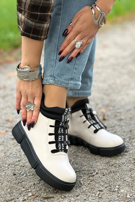 Trzewiki skórzane beżowe ocieplane na platformie Filippo