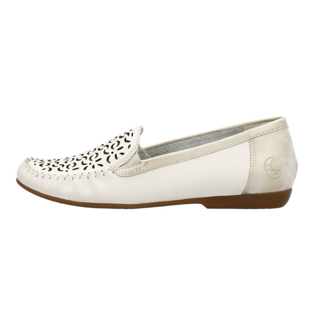 Бежево-білі шкіряні мокасини Rieker з ажурним верхом