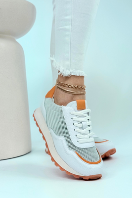 Sneakersy biało pomarańczowe skórzane z przewiewnym materiałem