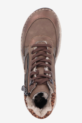 Trzewiki damskie ocieplane z motywem zwierzęcym na platformie brązowe