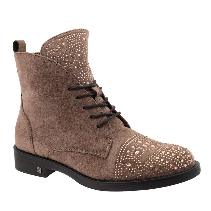 Бежеві замшеві ботильйони на плоскій підошві з цирконами, на шнурівці