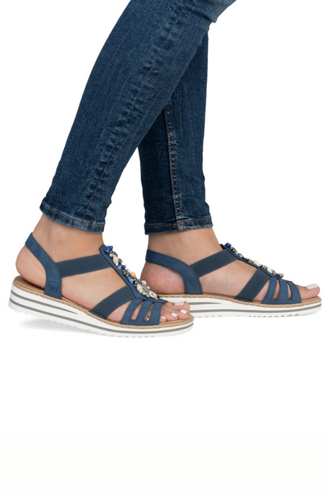 Жіночі темно-сині босоніжки Rieker на танкетці