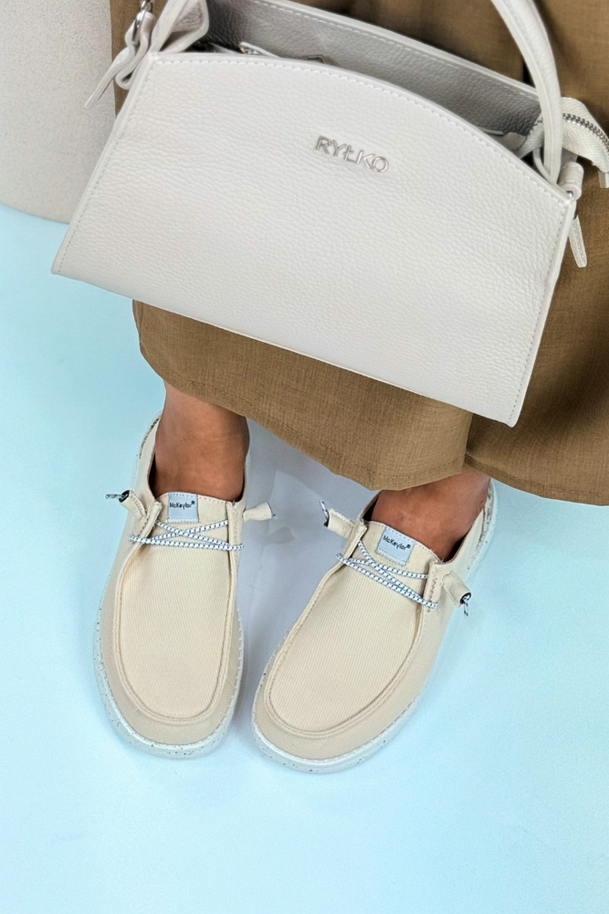 Beżowe sznurowane tenisówki materiałowe