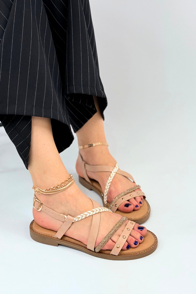 Бежеві шкіряні ажурні босоніжки на липучці