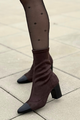 Ryłko botki damskie welurowo skórzane wsuwane na obcasie