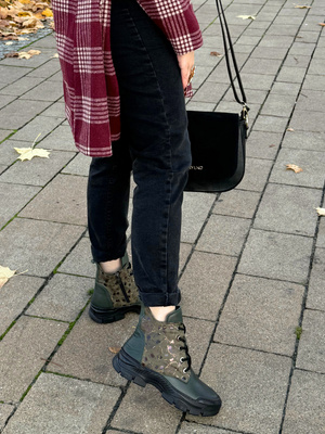 Trzewiki botki damskie skórzane na platformie ocieplane zielone