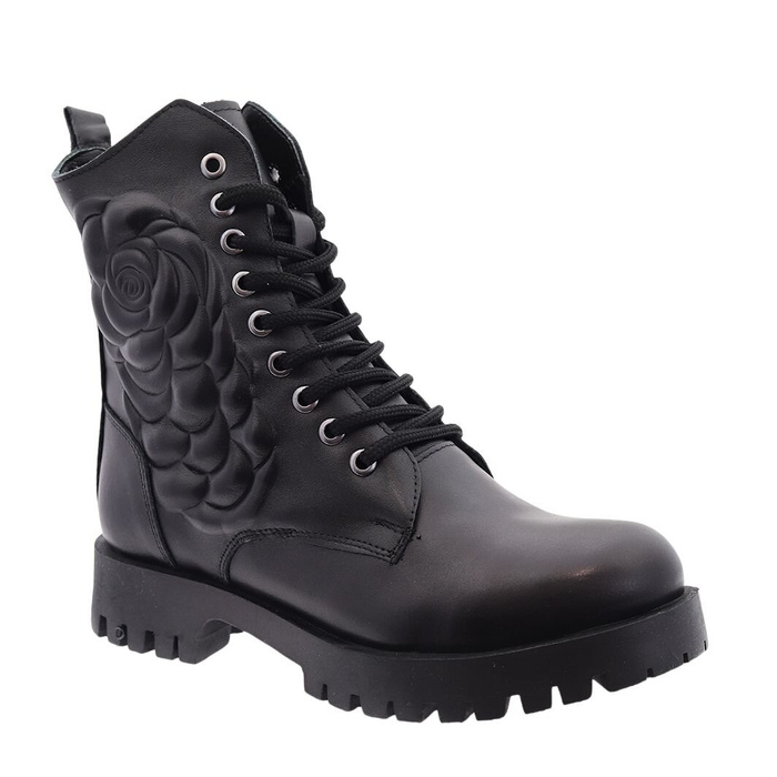 Чоботи жіночі шкіряні з декоративною трояндою на верху, чорні