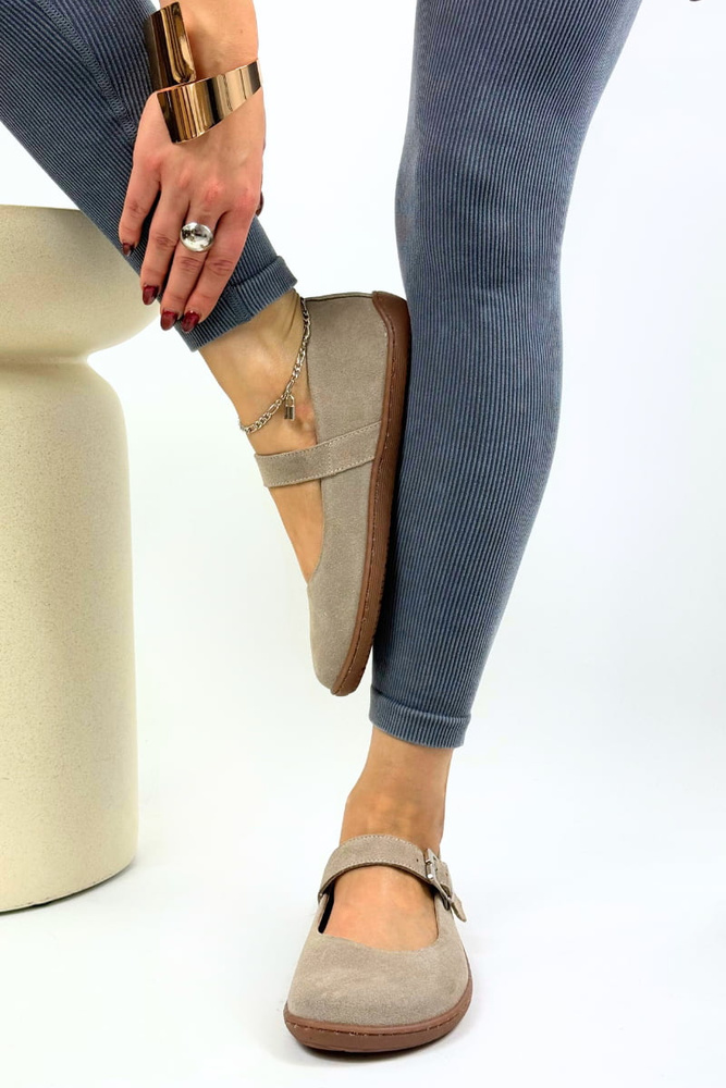 Baleriny damskie ze skóry zamszowej płaskie beżowe