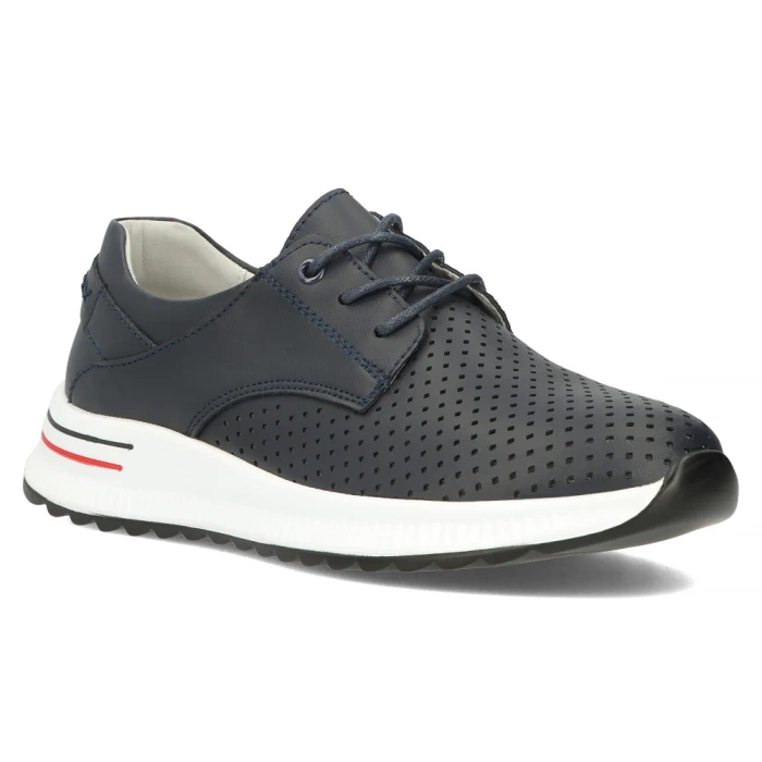 Темно-сині ажурні шкіряні туфлі на танкетці Filippo