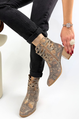 Botki damskie ażurowe złoty wąż na klocku 