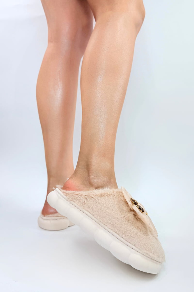  Kapcie damskie mięciutkie z kokardą beżowe