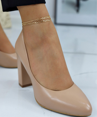 Kobiece czółenka karmelowe skórzane na słupku Kaniowski