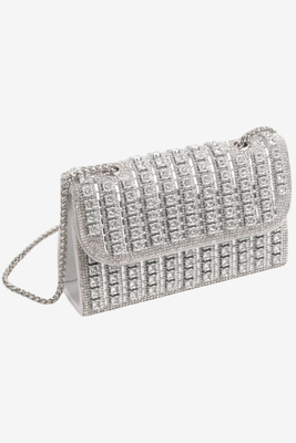 Wizytowa torebka damska w cyrkonie z klapą srebrna