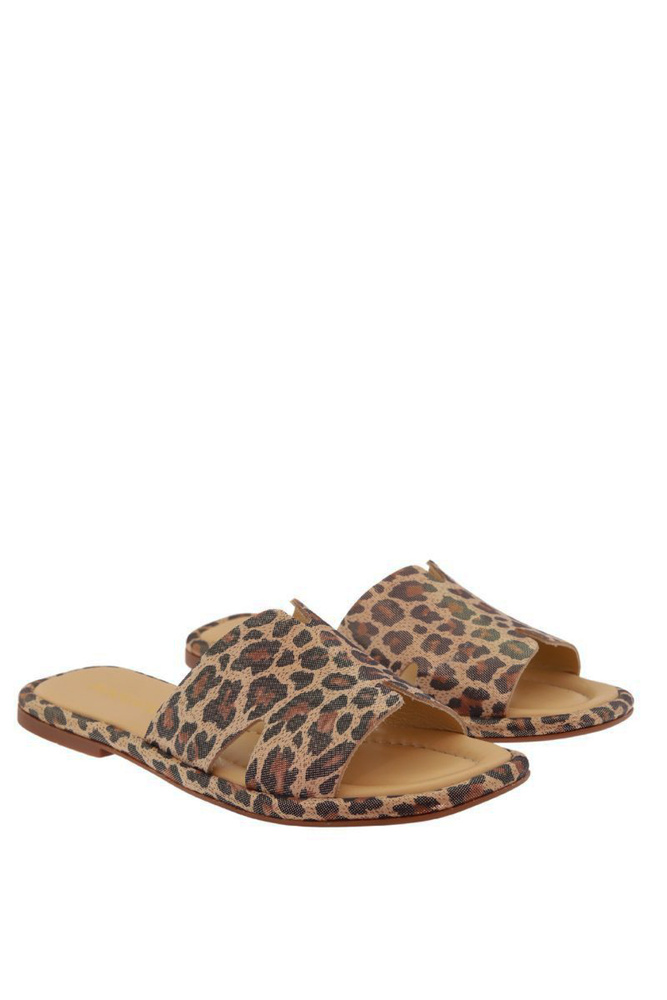 Klapki panterka skórzane beżowe płaskie