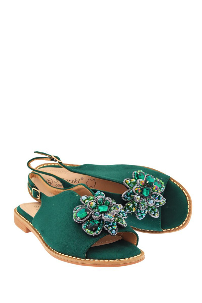 Zielone sandały zamszowe z ozdobą płaskie