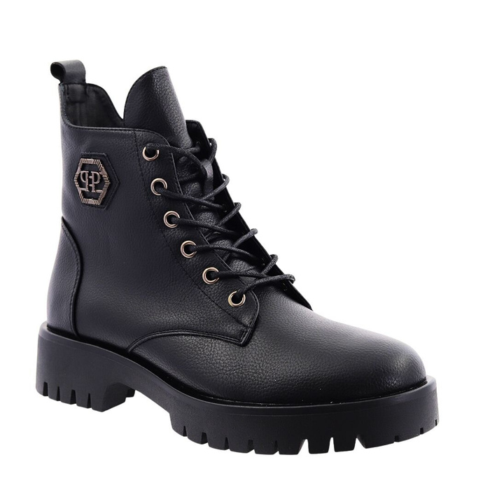 Чоботи чорні з декором, утеплені, на шнурівці на блискавці