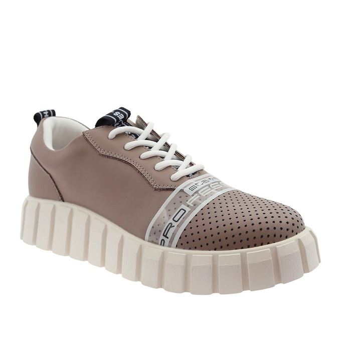 Skórzane półbuty sportowe perforowane na platformie Taupe