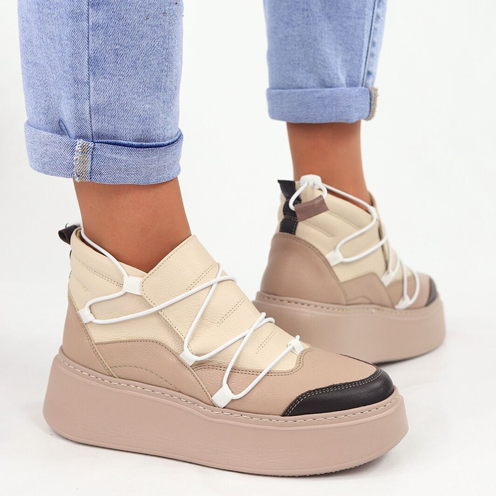 Коричнево-бежеві високі шкіряні кросівки Nobo на товстій платформі