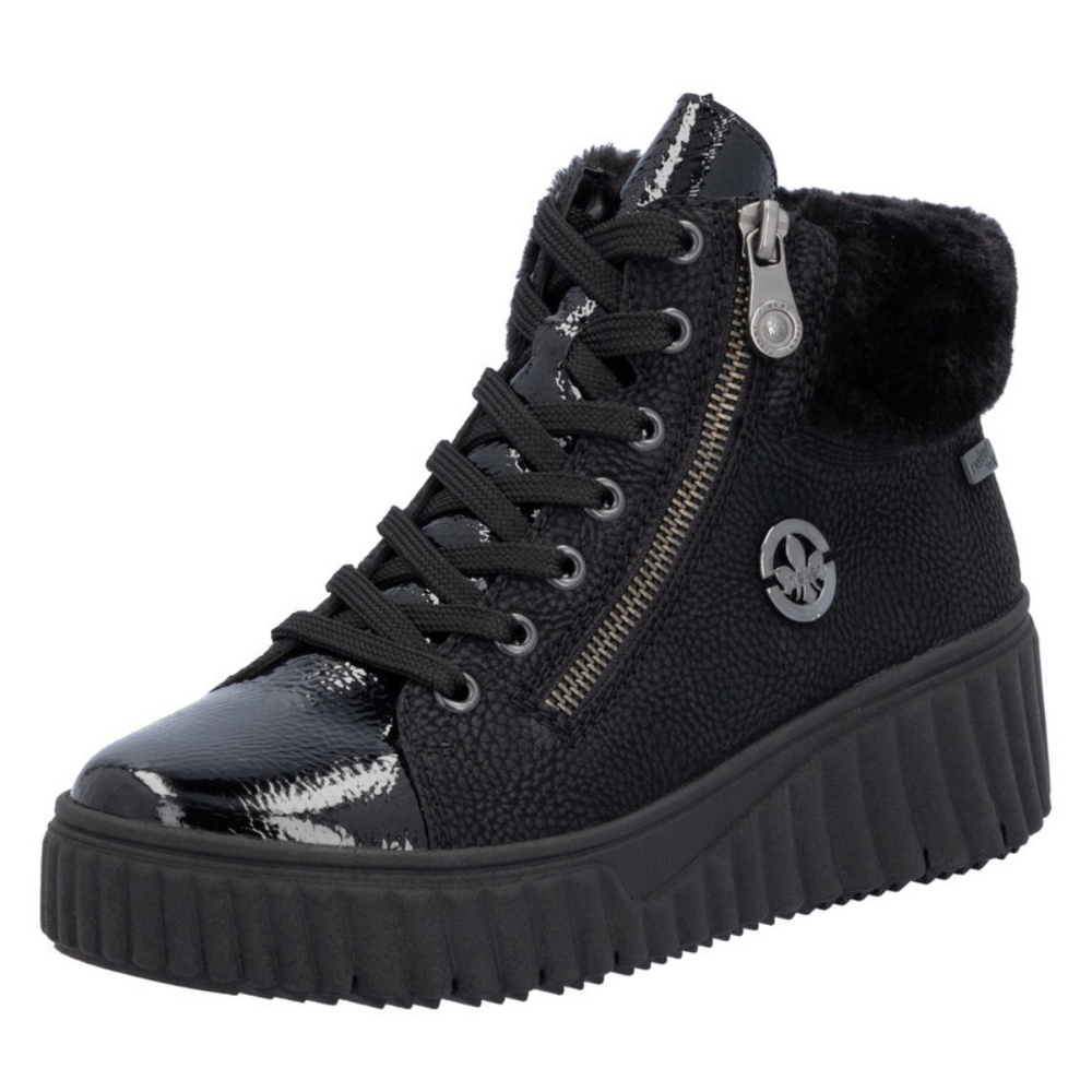 Botki czarne na koturnie z platformą sznurowane Rieker