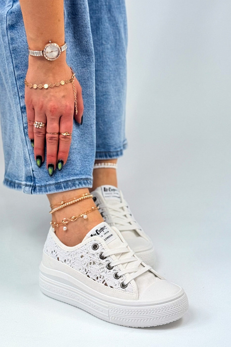 Білі мереживні кросівки на платформі зі шнурівкою