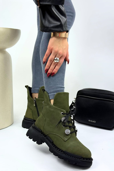 Zamszowe Botki na Traperowej Podeszwie Zielone