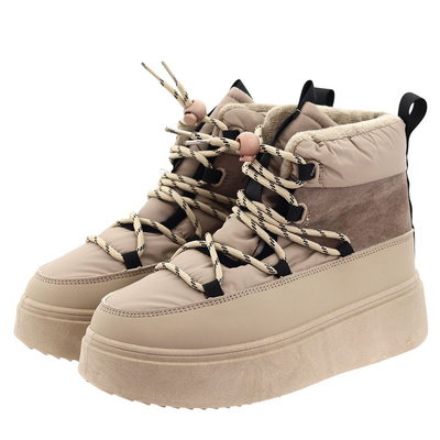 Botki zimowe na grubej platformie sznurowane w kolorze beżowym